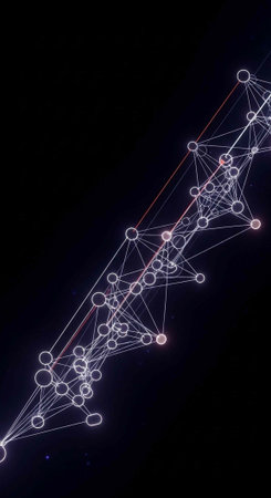 A futuristic network of glowing lines and circles against a dark backgroundの写真素材