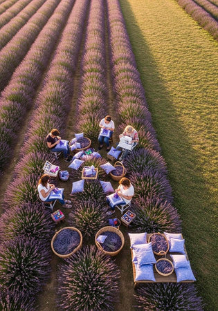 Aerial view of people relaxing in a lavender field with pillows and basketsの写真素材
