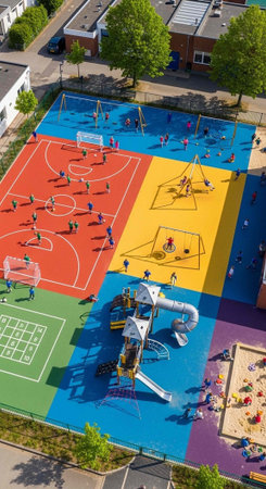 A vibrant and colorful playground filled with children playing on various sports courts and play equipment.の写真素材