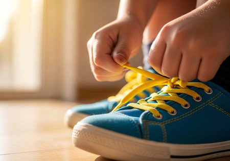 A person tying yellow shoelaces on a pair of blue sneakers with white soles on a wooden floorの写真素材