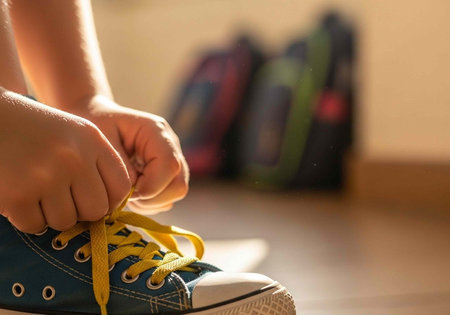 A person tying the yellow laces of their blue sneakers in a room with blurred backpacks in the backgroundの写真素材