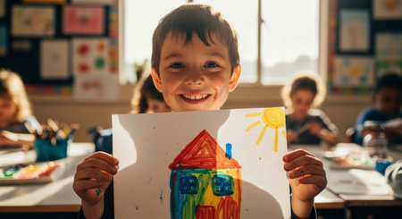 A young boy proudly holds up his colorful drawing of a house in a classroom setting.の写真素材