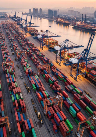 Aerial view of a bustling container port with cargo ships and cranes at sunriseの写真素材