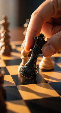A hand moving a black chess king piece on a chessboard with other pieces in the backgroundの写真素材