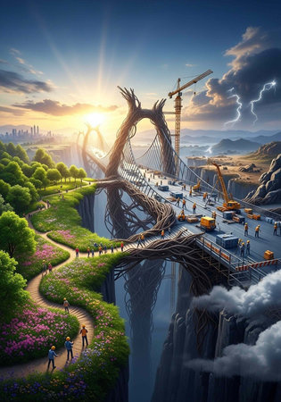 A futuristic bridge under construction with a unique tree-like design, surrounded by lush greenery and a vibrant cityscape in the background.の写真素材