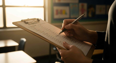 A person grading papers on a clipboard in a classroom with natural light from a windowの写真素材