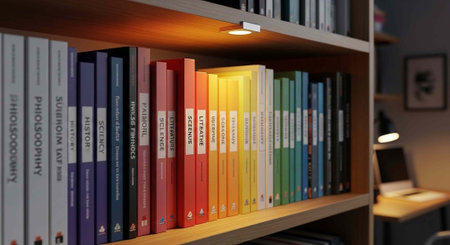 A close-up view of a wooden bookshelf filled with colorful books in a cozy home office settingの写真素材