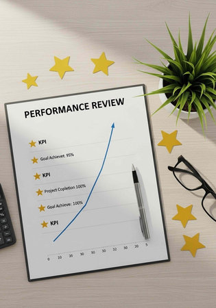 A performance review graph on a desk with a plant, glasses, and a pen, surrounded by yellow stars.の写真素材