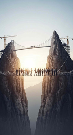A group of people walking across a suspension bridge between two rocky mountain peaks at sunsetの写真素材