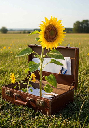 A sunflower grows out of a vintage brown leather suitcase in a lush green field on a sunny dayの素材