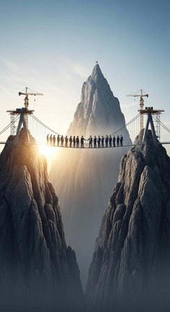 A group of people standing on a suspension bridge between two rocky mountains with a large mountain in the background at sunriseの写真素材