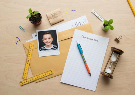 A collection of stationery and personal items on a wooden desk, including a letter to future selfの写真素材