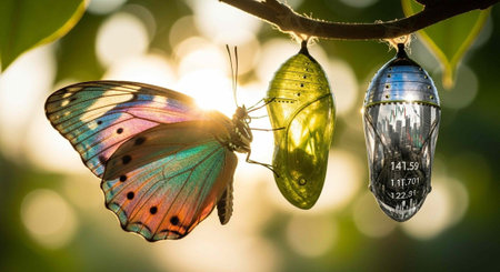 A colorful butterfly emerges from its cocoon in a natural outdoor setting with sunlight shining throughの写真素材