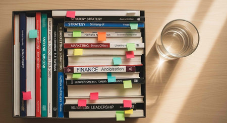 A collection of business books with colorful sticky notes, alongside a clear glass of water on a light wood surfaceの写真素材