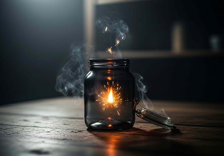 A glass jar with a sparkling light and smoke on a wooden table in a dark room with a blurred backgroundの写真素材