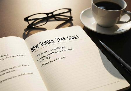 Open notebook with new school year goals, coffee cup, glasses, and pen on a desk, morning study setupの写真素材