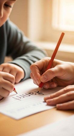 Close-up of adult and childs hands holding pencils on paper, indoors near window with warm lightの写真素材
