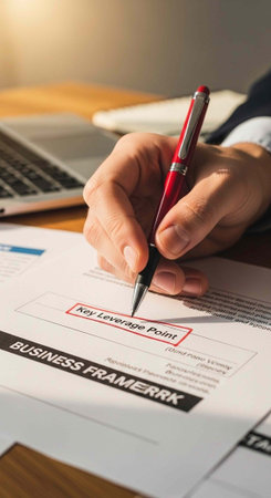 Close-up of hand with red pen marking important point on business framework paper at wooden desk with laptopの写真素材