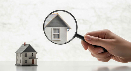 A hand holding a magnifying glass over a small model house for inspection and analysisの写真素材