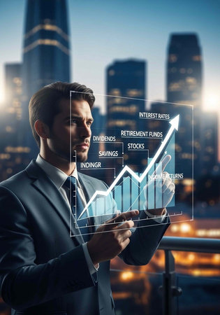 A businessman in a suit analyzing financial data on a tablet with a cityscape in the background at duskの写真素材