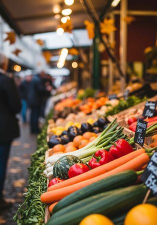 A vibrant display of fresh produce at an outdoor market with various vegetables and fruits on displayの写真素材