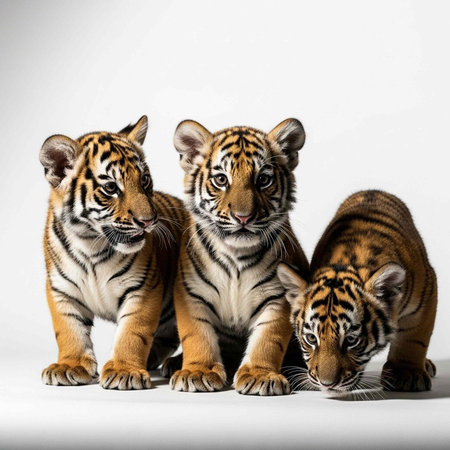 Three tiger cubs, two sitting and one crawling, display their distinctive orange and black stripes on a clean white backgroundの写真素材