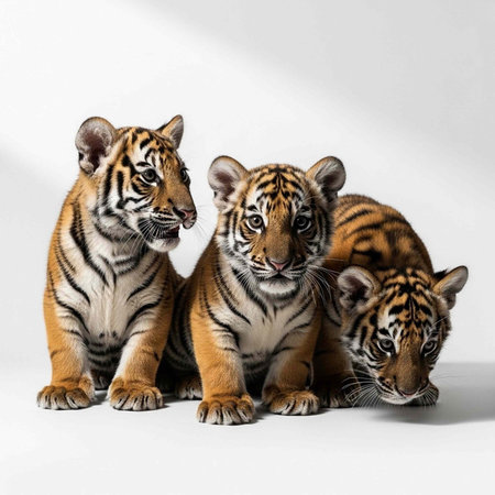 Three tiger cubs with orange and black stripes, sitting and looking around curiously on a plain white surfaceの写真素材