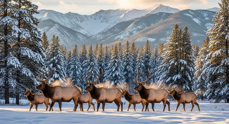 A group of elk, including calves and bulls with antlers, walk through a snow-covered forest with evergreen trees and mountains.の写真素材