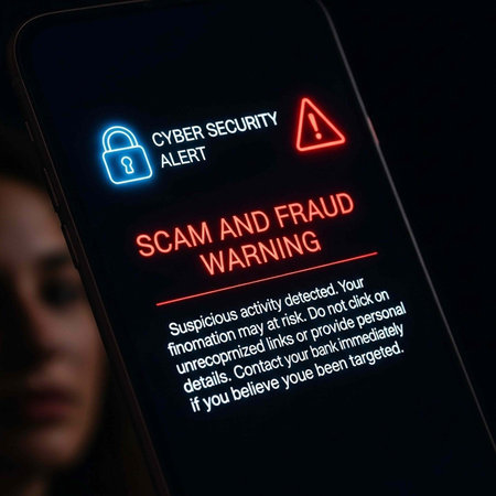 Close-up of smartphone screen displaying cyber security alert with scam and fraud warning message and iconsの写真素材