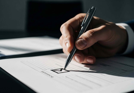 A person's hand holding a pen, marking a checkbox on a document with lines and textの写真素材