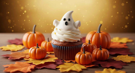 A chocolate cupcake with white frosting and a ghost decoration sits amidst small pumpkins and vibrant fall leavesの写真素材