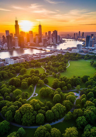 Cityscape at sunset with a large park, river, and skyscrapers, featuring a vibrant orange sky and lush green treesの写真素材