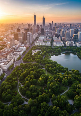 Cityscape with skyscrapers, green park, lake, and walking paths at sunset, showcasing urban landscape and natureの写真素材