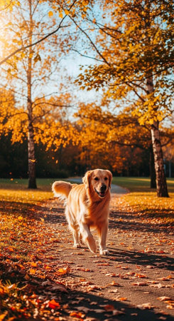 A golden retriever dog runs on a path covered with fallen leaves in an autumn park with trees and blue skyの写真素材