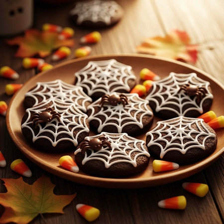 A plate of chocolate cookies with white spider web icing, candy corn, and fall leaves on a wooden tableの写真素材