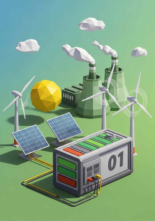 3D illustration of solar panels, wind turbines, and industrial power generation with smokestacks and a yellow globeの写真素材