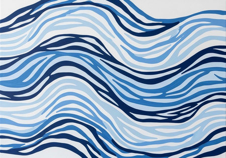 A stylized illustration of wavy blue lines on a white background, creating a dynamic and modern abstract pattern.の写真素材