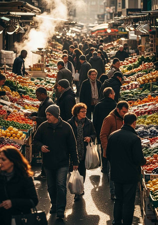 A bustling outdoor market filled with people shopping for fresh produce on a busy dayの写真素材