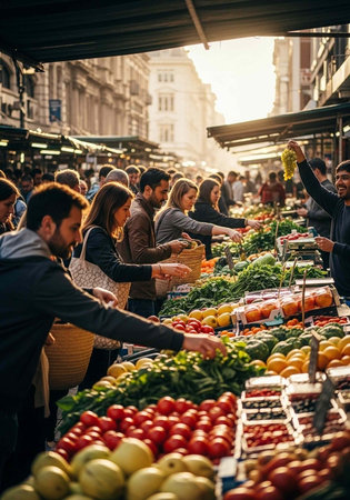 A bustling outdoor market scene with people shopping for fresh produce on a sunny dayの写真素材
