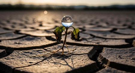 A small plant grows in a dry, cracked earth landscape with a glass ball on top at sunsetの写真素材