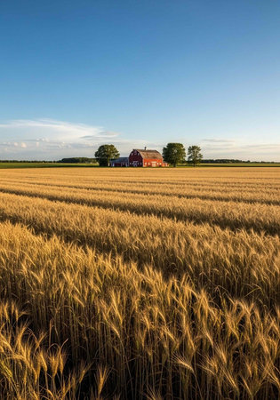 A serene landscape of a golden wheat field with a red barn and trees under a clear blue skyの写真素材
