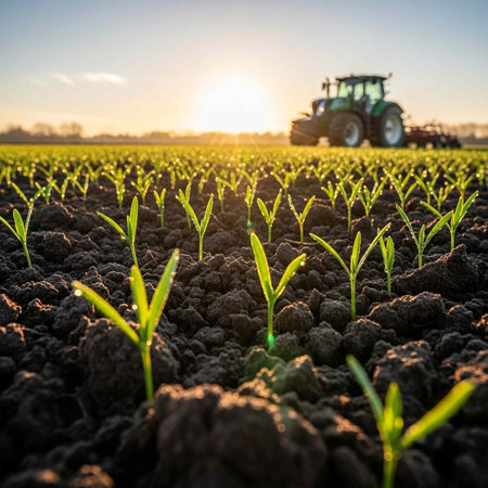 A tractor drives through a vast field of young green crops at sunrise or sunsetの写真素材