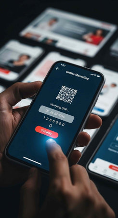 A person holding a smartphone with a QR code on the screen for online marketing and paymentの写真素材