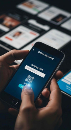 A person holding a smartphone with an online marketing verification screen on the displayの写真素材