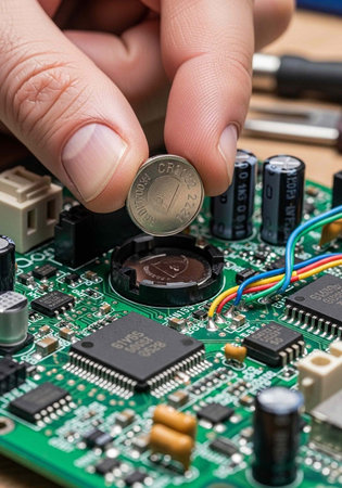 A person's hand placing a coin on a computer circuit board with various electronic componentsの写真素材