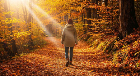 A woman walks down a serene forest path surrounded by vibrant autumn foliage and warm sunlight filtering through trees.の写真素材