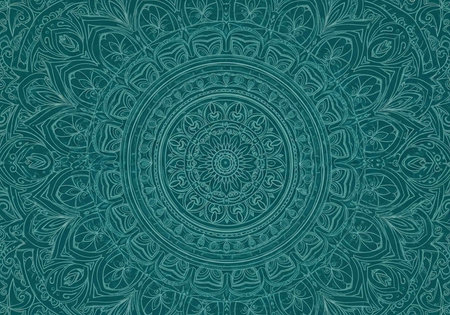 A teal-colored mandala with intricate floral patterns and symmetrical design elementsの写真素材
