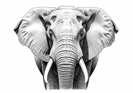 A detailed black and white illustration of an elephant's face with large ears and tusks on a plain backgroundの写真素材