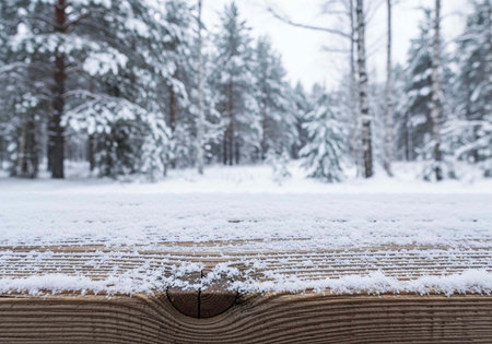 A snow-covered wooden bench in a serene winter forest landscape with trees and snow on the groundの写真素材