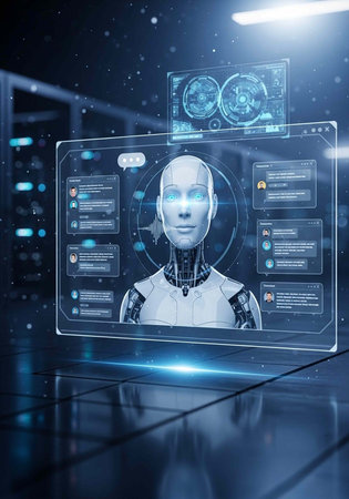 A futuristic robot with glowing blue eyes is displayed on a digital screen in a dark roomの写真素材